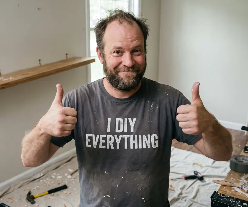 A smiling DIYer in an 'I DIY Everything' shirt giving two thumbs up in a half-finished room